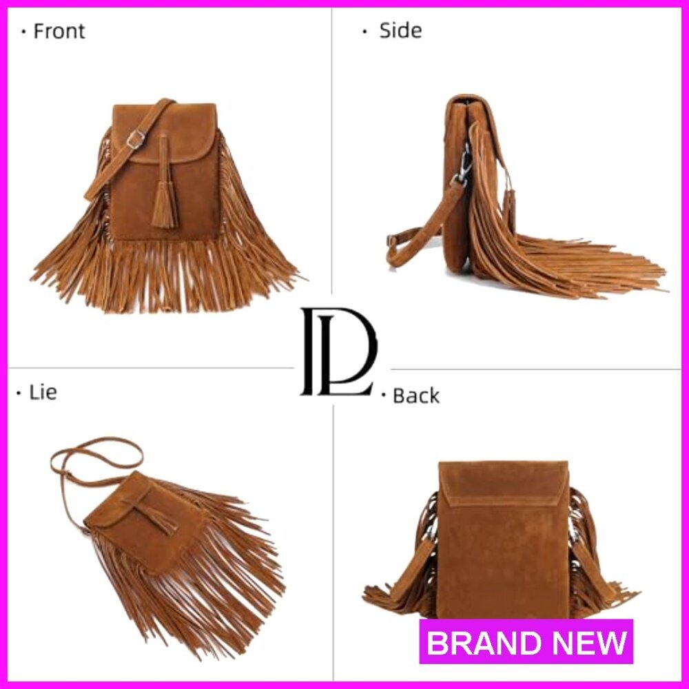 Trendy Vegan Suede Crossbody Bag with Fringe Tassels and Card Slots - Picture 6 of 7